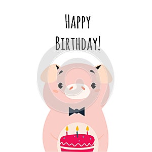 Happy Birthday Card with Pig Farm Animal and Cake with Candles as Holiday Greeting and Congratulation Vector