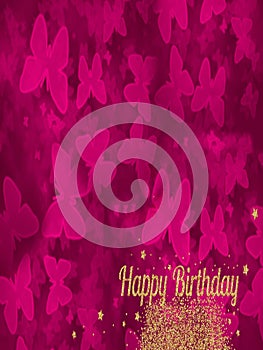 Happy birthday card pink background with butterflies glitter