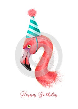 Happy Birthday card with  pink flamingo