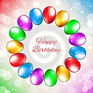 Happy birthday card with place for text. Balloon decoration. Holiday party background with colorful balloons. Multicolor balloons