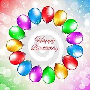 Happy birthday card with place for text. Balloon decoration. Holiday party background with colorful balloons. Multicolor balloons