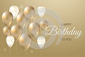 Happy birthday card with realistic golden balloons. Celebration illustration, glossy design background