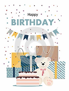 Happy Birthday card with teddy bear, cake, gifts and confetti