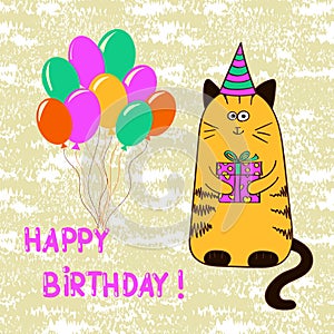 Happy birthday card template with cute cat.