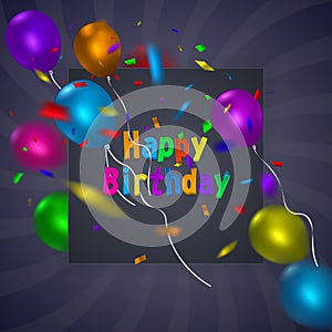 Happy Birthday card template with a purple background and colorful balloons. Vector eps 10 format.