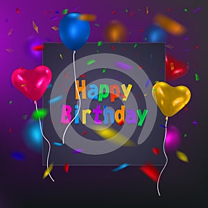 Happy Birthday card template with a purple background and colorful balloons. Vector eps 10 format.