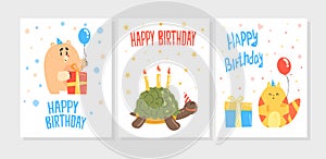 Happy Birthday Card Templates Set, Invitation, Greeting Card, Banner with Cute Wild Animals, Funny Jungle Party Design