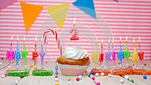 Happy birthday card for a two-year-old child, with a number in a cupcake. Beautiful happy birthday background with number 2 with