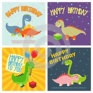 Happy Birthday cards with colored funny dinosaurs. Collection of hcards with cartoon monsters.