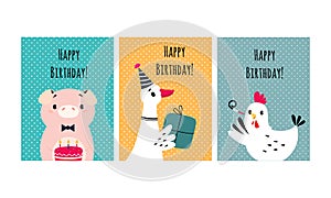 Happy birthday cards with funny animals set. Adorable piglet, goose and hen with gift box and festive cake vector