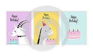 Happy birthday cards with funny animals set. Celebration greeting or invitation card with adorable goat and horse vector