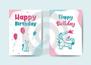 2 happy birthday cards template design, pastel colors with lettering in boho style. Modern, trendy art concept with cat, balloons