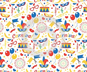 Happy Birthday or Carnival seamless pattern with mask feathers, balloons, confetti. Party endless background. Purim