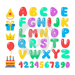 Happy birthday cartoon alphabet set. Air balloons font. Birthday icon set. Flat vector elements