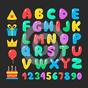 Happy birthday cartoon alphabet set. Air balloons font. Birthday icon set. Flat vector elements