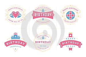 Happy birthday celebration best wishes vintage label badge set for greeting card design vector flat