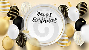 Happy Birthday celebration card. Design with black, white, gold balloons and gold foil confetti.