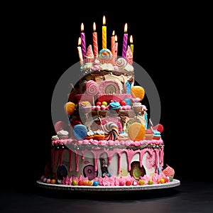 happy birthday celebration, colorful birthday cake and candles by generative AI.