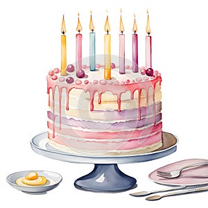 Happy birthday celebration concept. Beautiful festive pink cake with candles on a white background. Watercolor illustration.