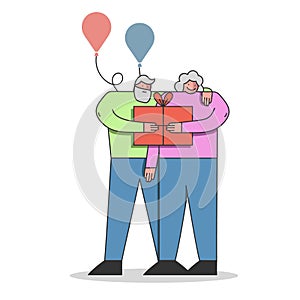 Happy Birthday Celebration Concept. Elderly People With Gift Box And Balloons. Man Give a Present To Woman