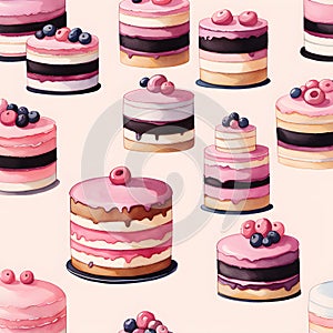 Happy birthday celebration concept. Pattern of many beautiful and delicious pink cakes and pastries on beige background.