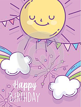 Happy birthday celebration party rainbow sun clouds cartoon greeting card