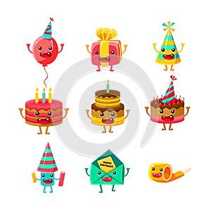 Happy Birthday And Celebration Party Symbols Cartoon Characters Set, Including Birthday Cake, Party Hat, Balloon, Party