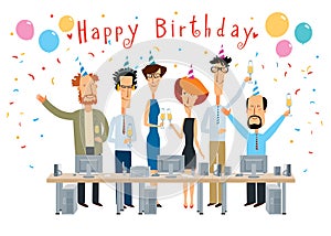 Happy Birthday. Cheerful colleagues in the office congratulate