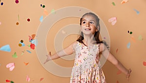 Happy birthday child girl with confetti on beige background