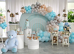 Happy Birthday! Children`s decoration with glowing lights, birthday garland. Festive decorative elements