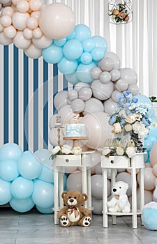 Happy Birthday! Children`s decoration with glowing lights, birthday garland. Festive decorative elements, photo area