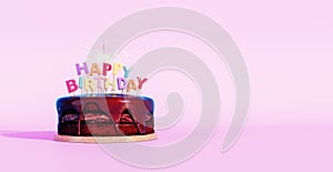 Happy Birthday chocolate cake with sparkles on pink background