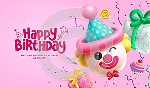 Happy birthday clown balloons vector design. Happy birthday greeting text with clown inflatable