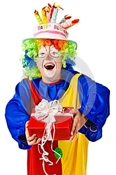 Happy birthday clown with gift box.