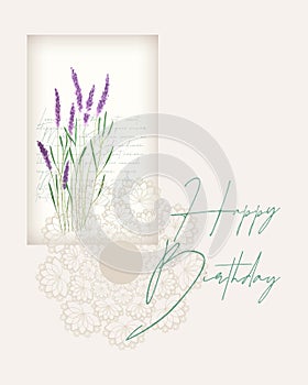 Happy Birthday collage beige postcard vintage style, lavender and lace doily, scrapbooking, for congratulations