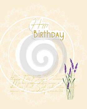 Happy Birthday collage yellow postcard vintage style, lavender and lace doily, scrapbooking, for congratulations, place