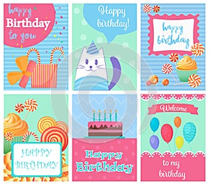 Happy Birthday Collection set of invitation cards greeting templates, to the party. Vector banners with confetti, cat