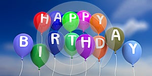 Happy birthday colorful balloons on blue sky background. 3d illustration