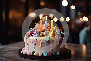 Happy birthday colorful pastel cake with three candles in cafe. Close up. Generative AI.