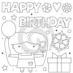 Happy Birthday. Coloring page. Black and white vector illustration.
