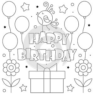 Happy Birthday. Coloring page. Vector illustration of a bird, balloons and a gift.