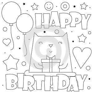 Happy Birthday. Coloring page. Vector illustration of a cat.