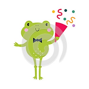 Happy Birthday Concept, Adorable Frog Baby Animal With Party Cracker, Baby Shower Celebration Element Cartoon Vector