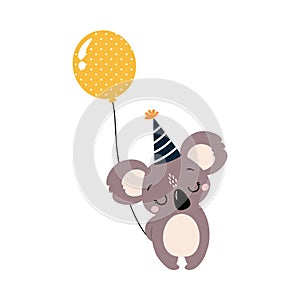 Happy Birthday Concept, Adorable Koala Baby Animal wih Inflatable Balloon, Baby Shower Celebration Element Cartoon