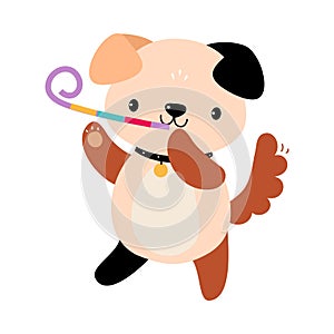 Happy Birthday Concept, Adorable Puppy Animal with Party Blower Whistle, Baby Shower Celebration Element Cartoon Vector