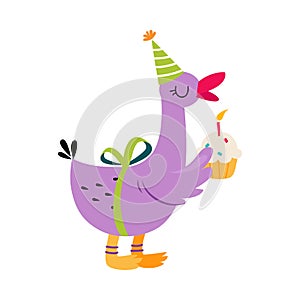 Happy Birthday Concept, Adorable Seagull Bird Holding Cupcake with Candle, Baby Shower Celebration Element Cartoon