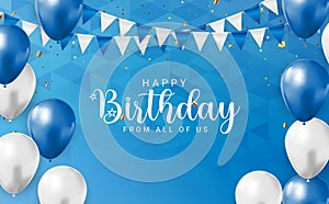Happy Birthday congratulations banner design with Confetti, Balloons and Glossy Glitter Ribbon for Party Holiday