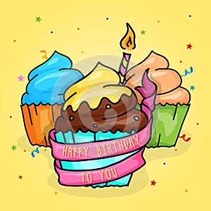 Happy Birthday Cup Cake with candle and Ribbon. Hand Drawn Style Illustration.