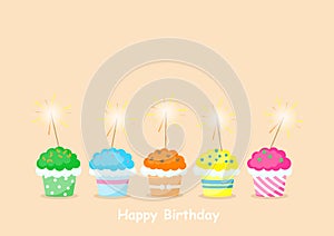 Happy birthday cup cake with sparklers cartoon vector illustration.