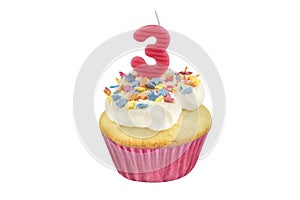 Happy birthday cup cake with star sprinkles and number 3 pink ca